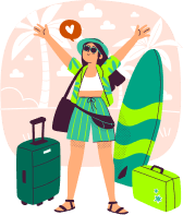 Ilustração de uma turista animada chegando a um destino de praia, pronta para surfar.